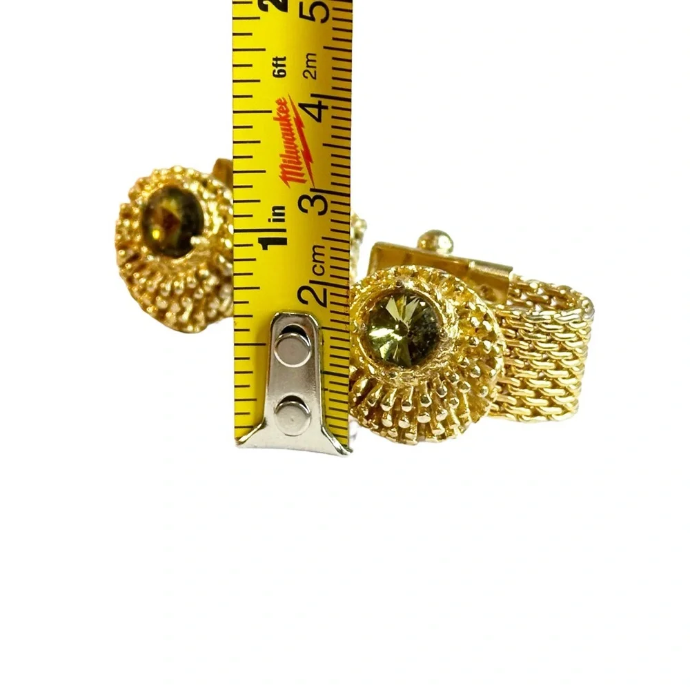 Vintage Retro Men's Gold Tone Green Rivoli Stone Chain Mesh Cuff Links